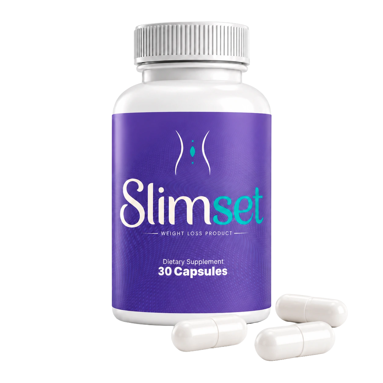 A SlimSet bottle beside loose capsules