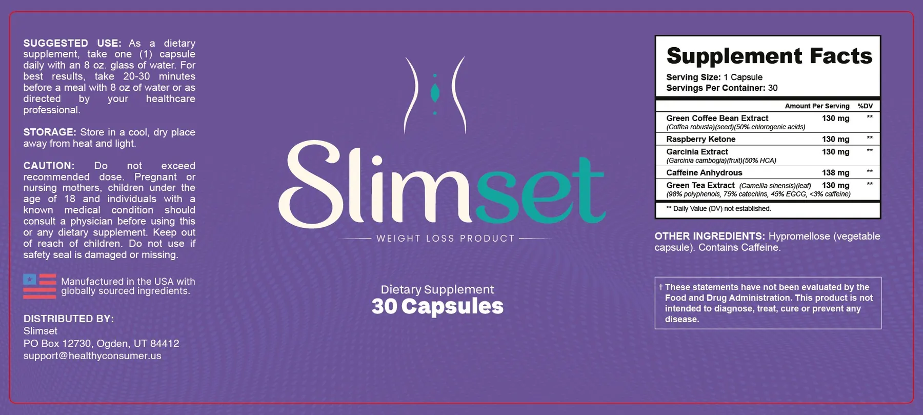 The flat SlimSet label artwork showing the Supplement Facts panel